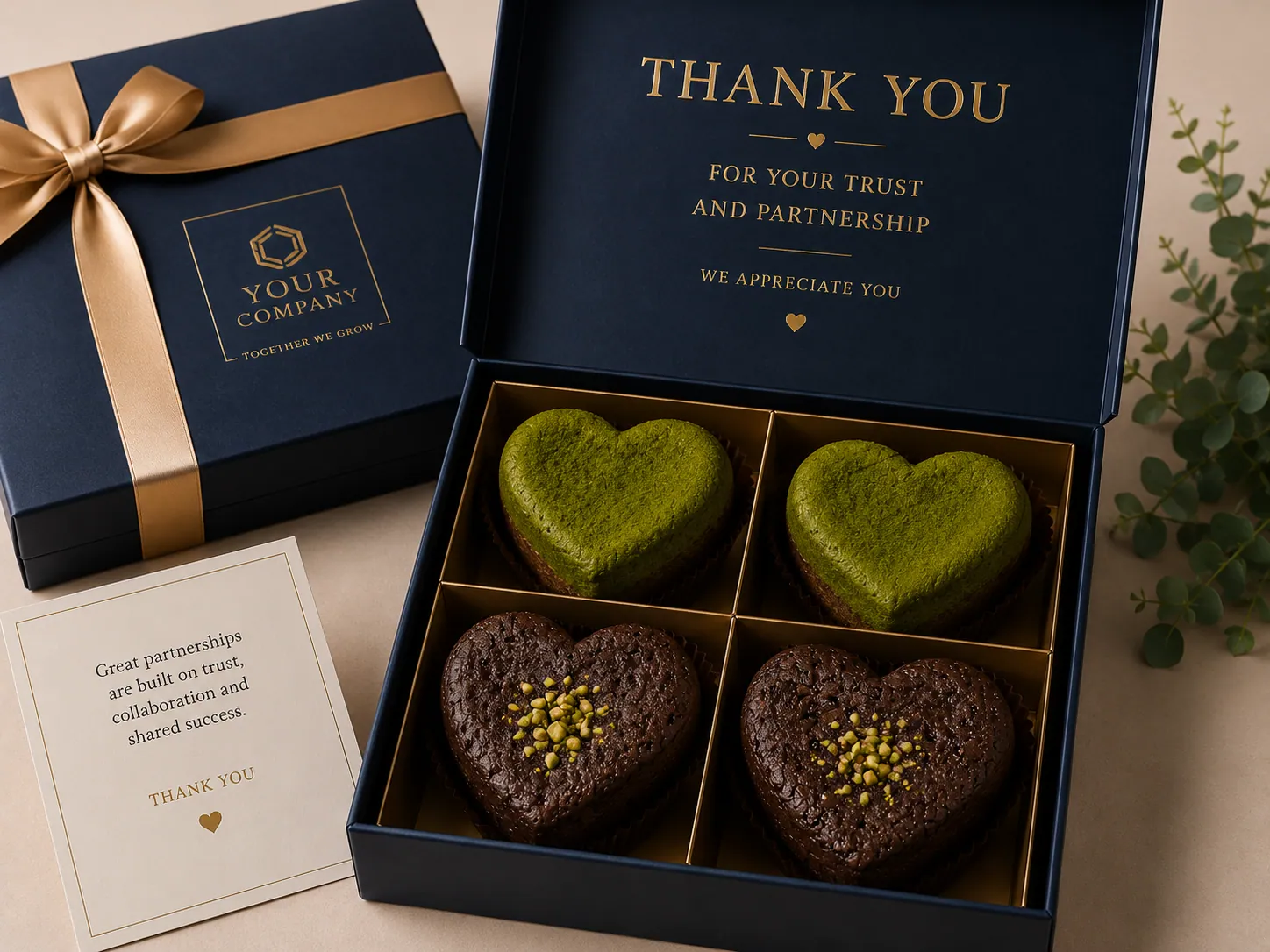 Browniepointspls corporate gift box — heart-shaped matcha and chocolate brownies with a custom thank-you card.
